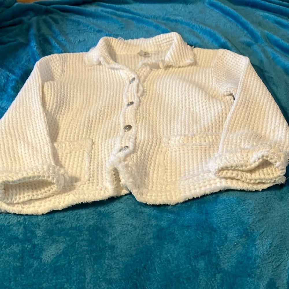Focus Vintage Women’s button up Sz S Long Sleeve White Waffle Knit Jacket GUC